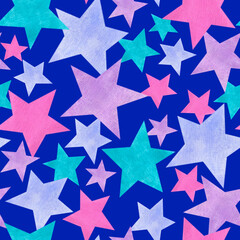 Watercolor stars seamless pattern. Blue star background. Christmas background.