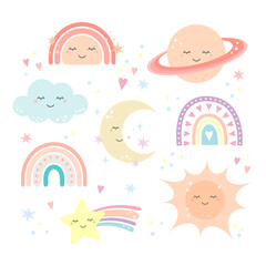 Cute Scandinavian style rainbow and sky objects for baby shower. Flat vector cartoon design