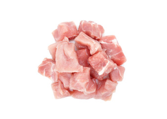 Pieces of chicken fillets isolated on white background. Small pieces of raw meat. Top view.
