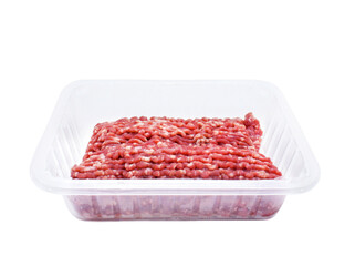 Ground beef in a plastic container isolated on white background. Fresh raw Minced meat from beef. Side view.