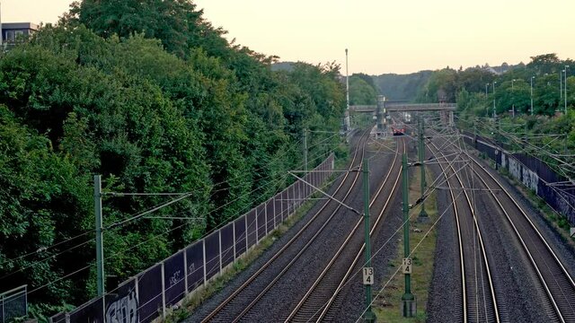 High-speed train (ICE) and Freight train meeting in Germany at Frechen-Koenigsdorf