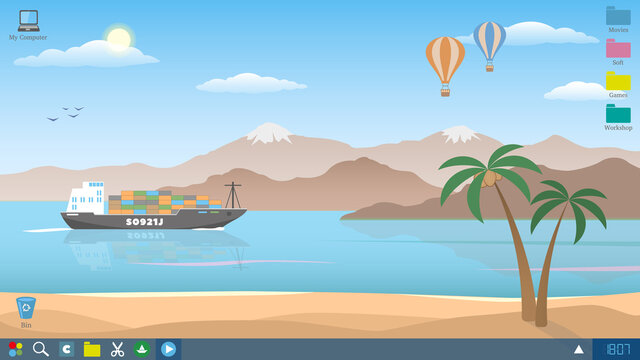 Desktop wallpaper, screenshot. Southern paradise in pastel colors. Cartoon style