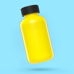 Yellow plastic jar for sport nutrition whey protein powder isolated on blue