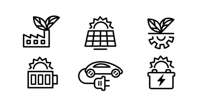 A collection of animater black and white signs like battery, industrial gear, electric car, charger and plants