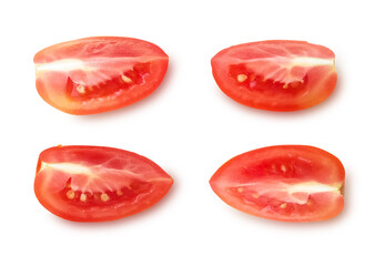 Four slices of tomato isolated on white background