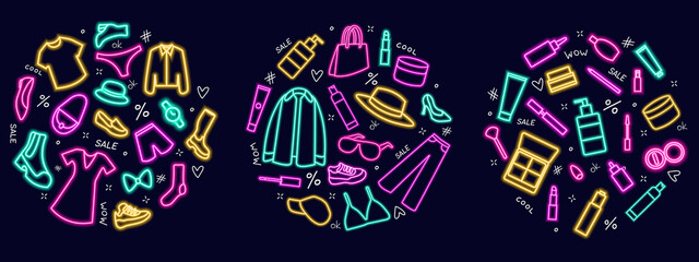 Naklejka premium Neon icons of clothing and cosmetics set, discount banner, black Friday.