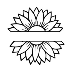Sunflower split monogram. Flower silhouette vector illustration. Sunflower graphic logo, hand drawn icon for packaging, decor. Petals frame, black silhouette isolated on white background.