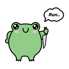 Frog with knife sticker. Emotion is evil, run. The phrase run. Angry frog stock illustration.