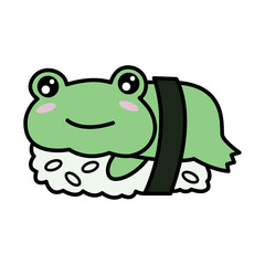 Frog sushi cute illustration. Frog sticker. Frog roll with rice. Japanese, French cuisine.