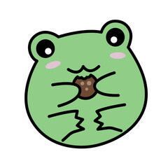 Frog eating sticker cookie. Cute breakfast vector illustration.