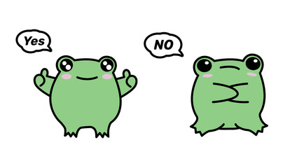 The frog says yes and no. Frog sticker with consent and rejection emotions. Vector illustration.