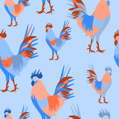 bright seamless pattern with the image of a multicolored rooster.