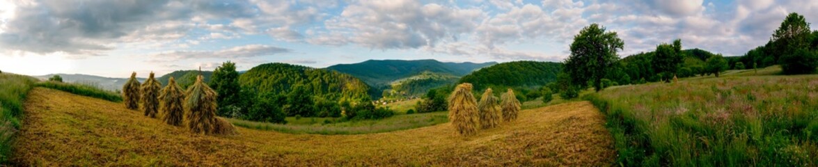 Fototapeta na wymiar Panorama with piles of hay in the mountains. Morning with fog in the valley.