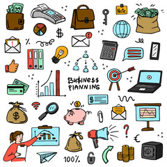 Vector business set. Doodle style. Hand drawing. Idea, planning, economics. Money. A bag of money. charts. the speaker. Office, work