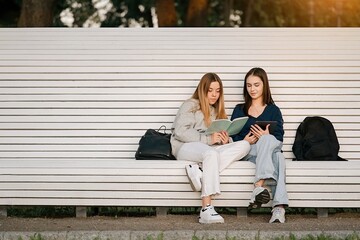 Two teenage students girls in university campus with books and laptop, back to school. People,...