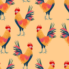 bright seamless pattern with the image of a multicolored rooster.