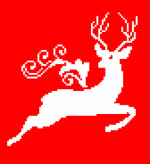 a white deer on a red background.pixel art.Christmas.