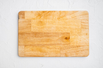 Empty cutting board, on white stone table background, top view flat lay , with copy space for text or your product