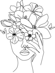 Woman line art beauty logo. Surreal Line art female floral girl. Abstract face with plants by  line drawing. Portrait minimalistic style. Nature symbol of cosmetics. Botanical logo. 
