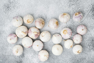 Fototapeta na wymiar Small fresh garlic, on gray stone table background, top view flat lay