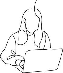 one line drawing of a woman sitting with laptop computer. Young female in glasses using laptop, communicates on internet with customer in home, reusable coffee tea mug 
