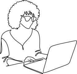 one line drawing of a woman sitting with laptop computer. Young female in glasses using laptop, communicates on internet with customer in home, reusable coffee tea mug 