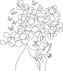 Beauty woman face with flowers One Line drawing art. Continuous line icon for spa salon or organic cosmetics logotype. Woman Face Line Vector 
