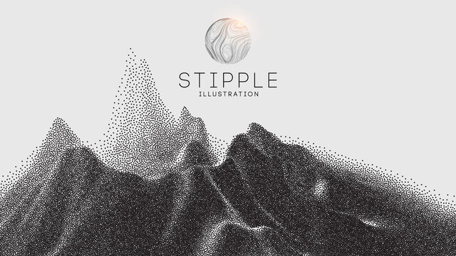 Vector landscape of mountain in dotwork style. Stipple illustration design. Old retro dot texture vintage gradient. Pointillism graphic. Grain terrain wallpaper.