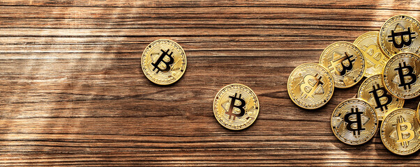 Bitcoins On Wooden Background - Banner