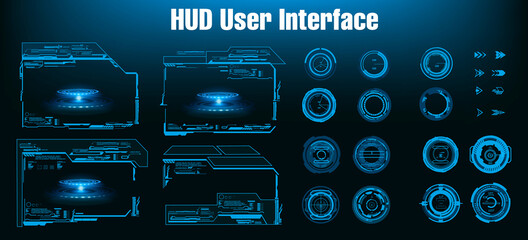 Game futuristic user interface HUD. Windows and frames with cyber-style work panels for games.  Holographic cyber frames windows and  aiming navigation systemwith, target HUD options