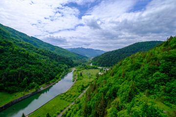 Naklejka premium Up view of a valley with a river in Romania. Big forest on a hill. 