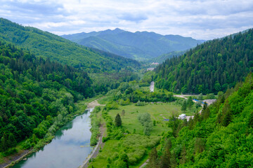 Fototapeta na wymiar Up view of a valley with a river in Romania. Big forest on a hill. 