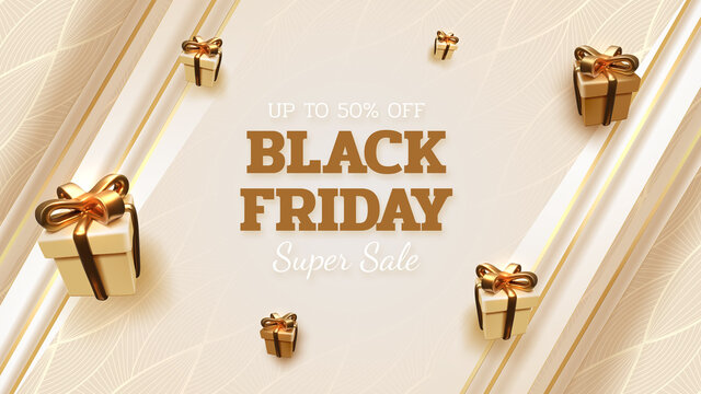 Black Friday Sale Banner Background With Realistic Gift Box With Ribbon Gold Luxury. 3d Vector Illustration.