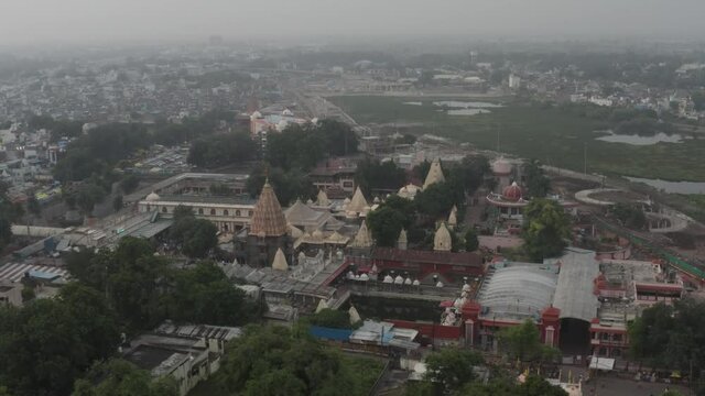 Wide Angle Aerial View of Mahakal Temple, Ujjain, Drone Shot of Mahakal Temple in Ujjain, Madhya Pradesh, India. It is one of the jyotirlingas of Lord Shiva of Hinduism.