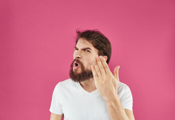 bearded man in a white t-shirt happy facial expression Studio