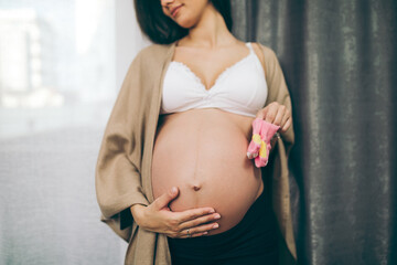 Young pregnant woman is standing by window in her apartment.