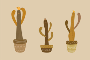 three cereus cactus in monochrome brown shades with crowns, eyes and smiles in pots with ethnic patterns