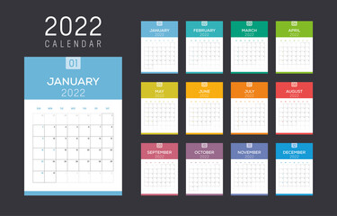 Year 2022 monthly calendar. Week starts Sunday. Vector template.