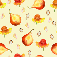 Pumpkin and autumn flowers watercolor seamless pattern. Template for decorating designs and illustrations.