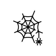 Fear Black Spiderweb Line Icon. Spooky Spider Web Halloween Decoration Linear Pictogram. Cobweb Trap with Spider on Thread Outline Icon. Editable Stroke. Isolated Vector Illustration