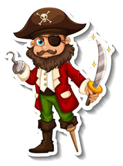 Sticker template with a pirate man cartoon character isolated