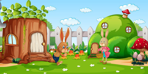 Garden scene with rabbit family cartoon character