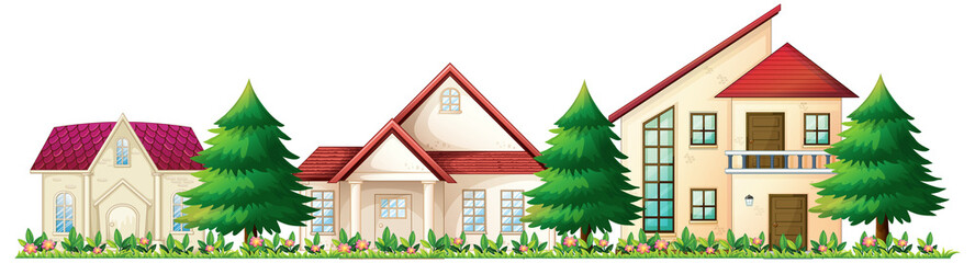 Front of suburban houses on white background