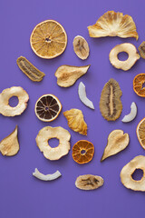 Useful vitamins in dried fruits on the background