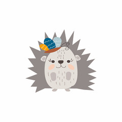 Cute hedgehog with a butterfly on his head. Vector illustration

