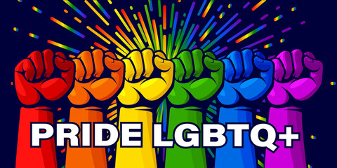 Obraz premium Hands with Rainbow Flag Colors of LGBT Symbol. Pride LGBTQ+ Concept for Print, Poster and WEB. Vector Illustration.