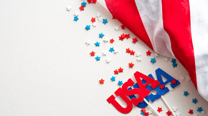 Happy Presidents Day banner with American flag and confetti stars on white background. USA...
