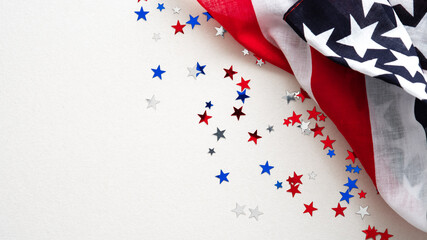US flag and confetti stars on white background. USA Independence Day, American Labor day, Memorial...