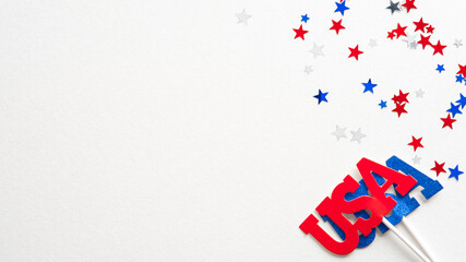 Happy Presidents Day concept. American flags color confetti stars and US decorations on white background. Banner mockup for USA Independence day, Columbus day, US Labor Day