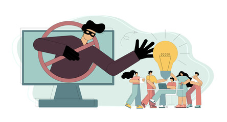 Theft and plagiarism, copying ideas, thoughts. A man, a swindler, a deceiver reaches out to someone else's idea, a light bulb.